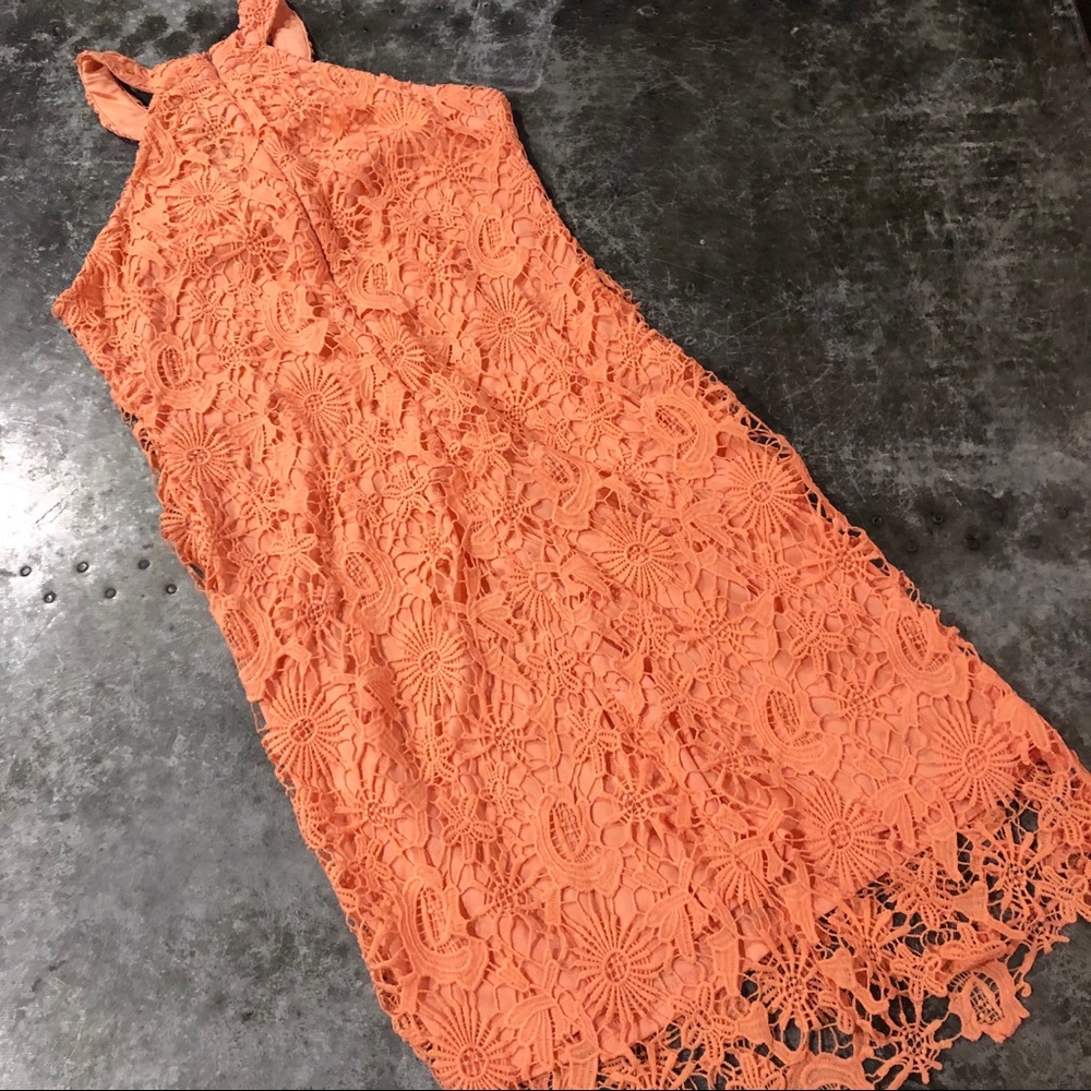 Coral Crochet Lace Halter Bodycon Mini Dress - Picture 6 of 9